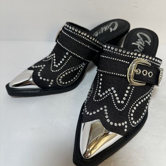 CAPE ROBBIN Women's Black Viv Rhinestone Denim Buckle Pointed-Toe Heels SZ 8 - Picture 12 of 16
